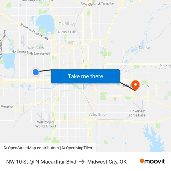 NW 10 St @ N Macarthur Blvd to Midwest City, OK map