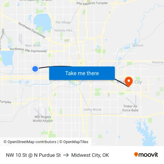 NW 10 St @ N Purdue St to Midwest City, OK map