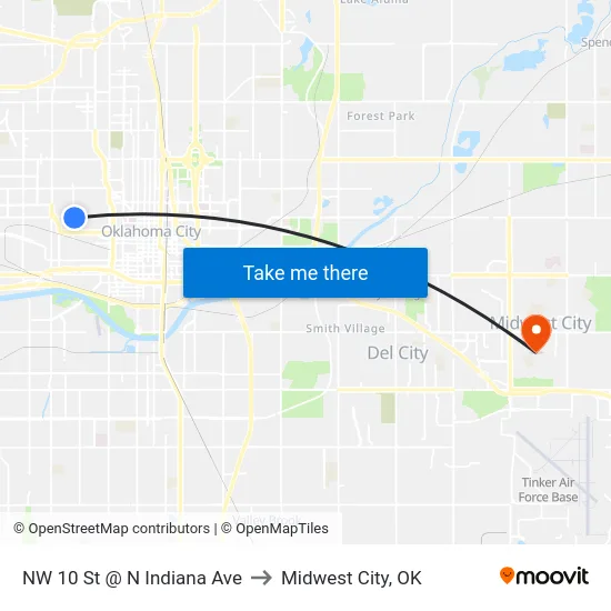 NW 10 St @ N Indiana Ave to Midwest City, OK map