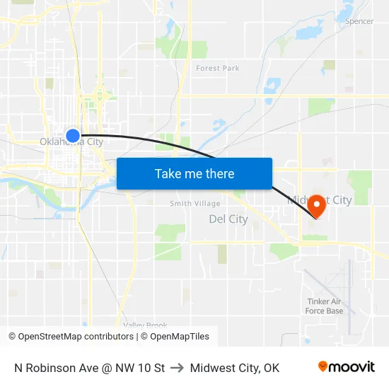 N Robinson Ave @ NW 10 St to Midwest City, OK map