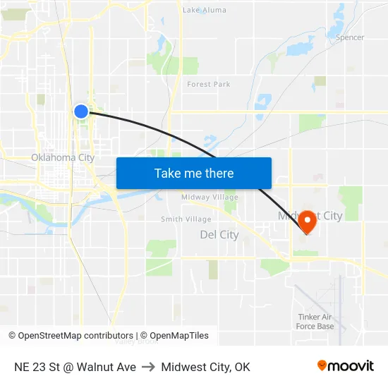 NE 23 St @ Walnut Ave to Midwest City, OK map
