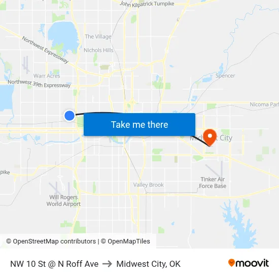 NW 10 St @ N Roff Ave to Midwest City, OK map