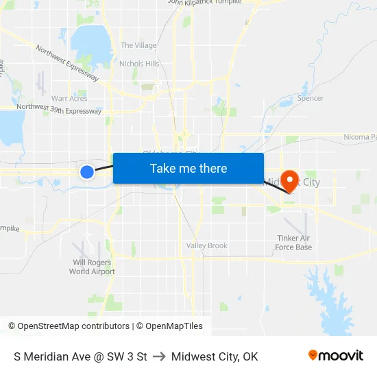 S Meridian Ave @ SW 3 St to Midwest City, OK map