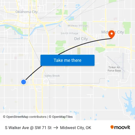 S Walker Ave @ SW 71 St to Midwest City, OK map