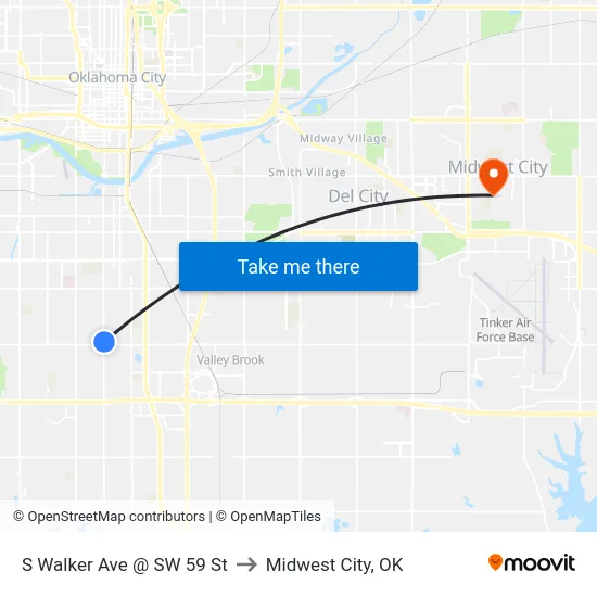 S Walker Ave @ SW 59 St to Midwest City, OK map