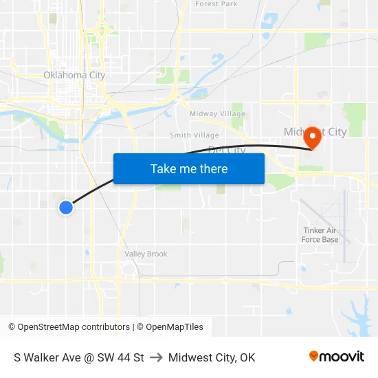 S Walker Ave @ SW 44 St to Midwest City, OK map