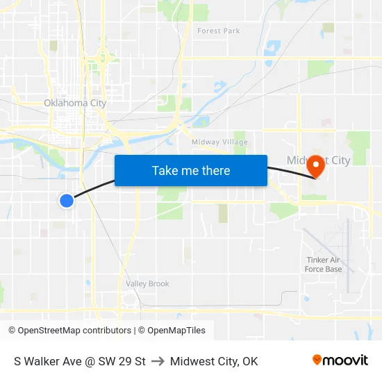 S Walker Ave @ SW 29 St to Midwest City, OK map