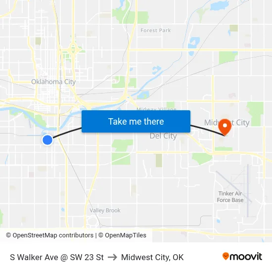 S Walker Ave @ SW 23 St to Midwest City, OK map