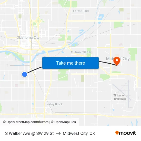 S Walker Ave @ SW 29 St to Midwest City, OK map