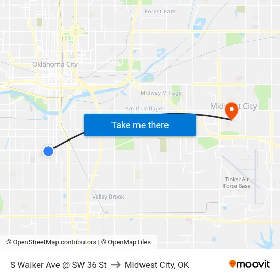 S Walker Ave @ SW 36 St to Midwest City, OK map