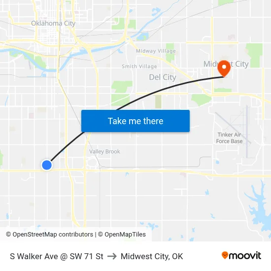 S Walker Ave @ SW 71 St to Midwest City, OK map