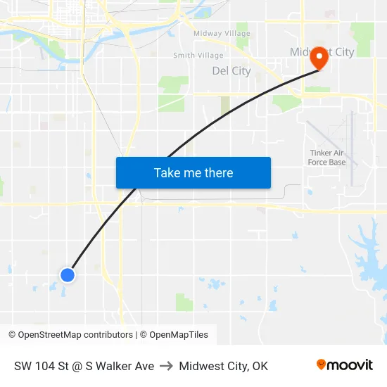 SW 104 St @ S Walker Ave to Midwest City, OK map