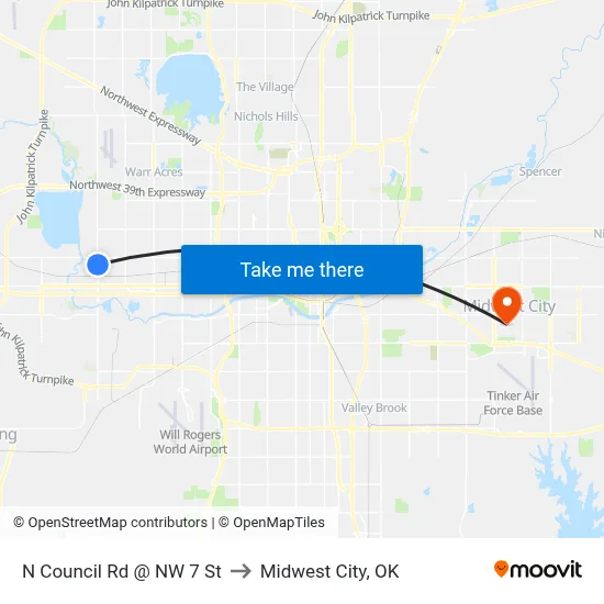 N Council Rd @ NW 7 St to Midwest City, OK map