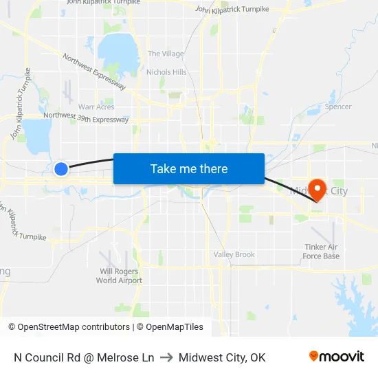 N Council Rd @ Melrose Ln to Midwest City, OK map