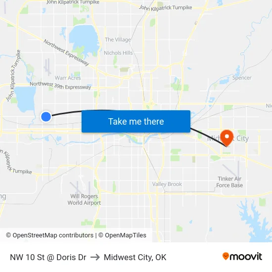 NW 10 St @ Doris Dr to Midwest City, OK map