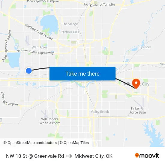 NW 10 St @ Greenvale Rd to Midwest City, OK map