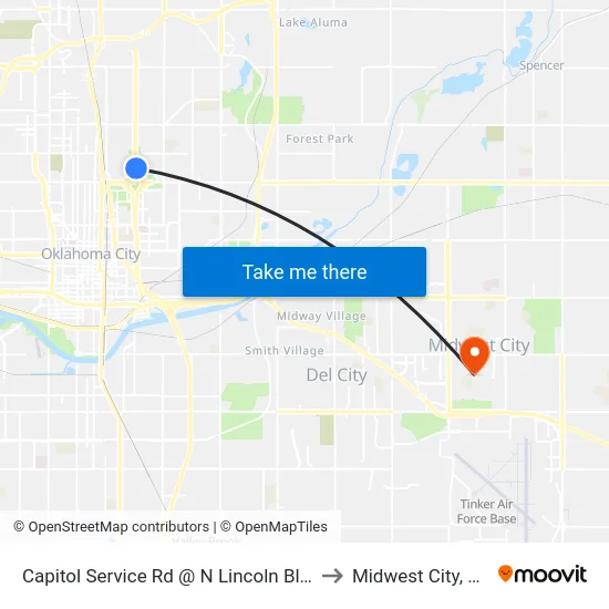 Capitol Service Rd @ N Lincoln Blvd to Midwest City, OK map