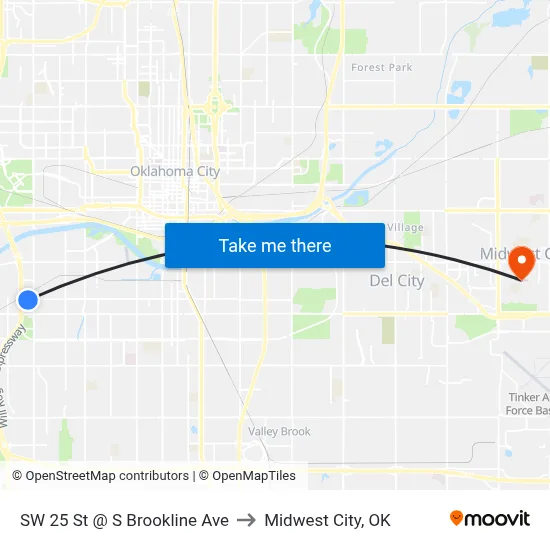 SW 25 St @ S Brookline Ave to Midwest City, OK map