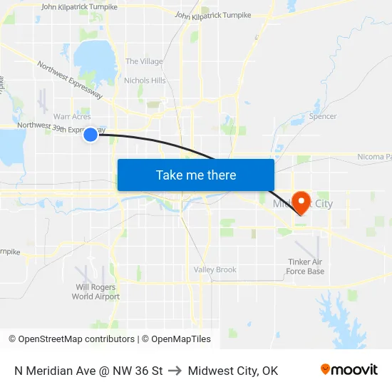 N Meridian Ave @ NW 36 St to Midwest City, OK map