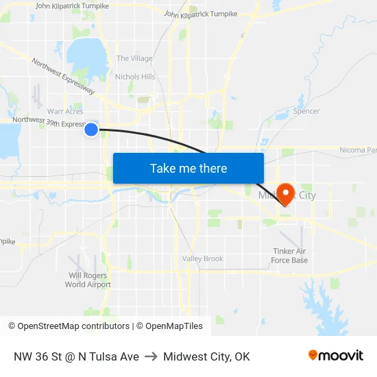 NW 36 St @ N Tulsa Ave to Midwest City, OK map