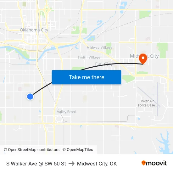 S Walker Ave @ SW 50 St to Midwest City, OK map