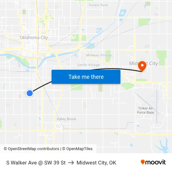 S Walker Ave @ SW 39 St to Midwest City, OK map