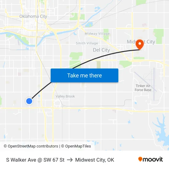 S Walker Ave @ SW 67 St to Midwest City, OK map