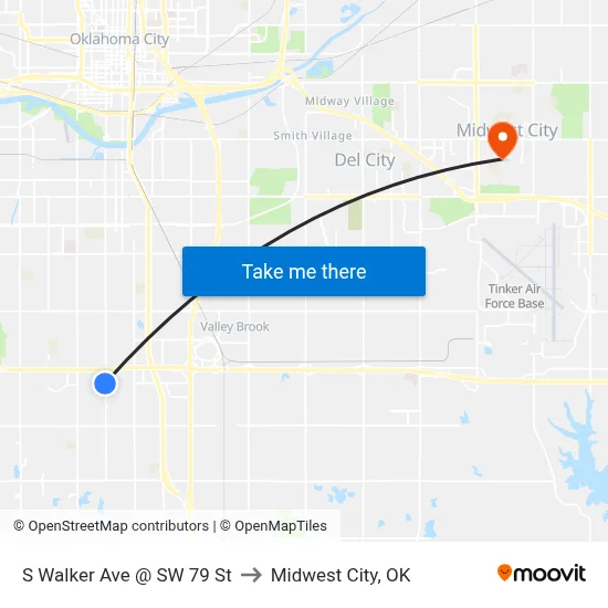 S Walker Ave @ SW 79 St to Midwest City, OK map
