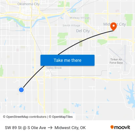 SW 89 St @ S Olie Ave to Midwest City, OK map