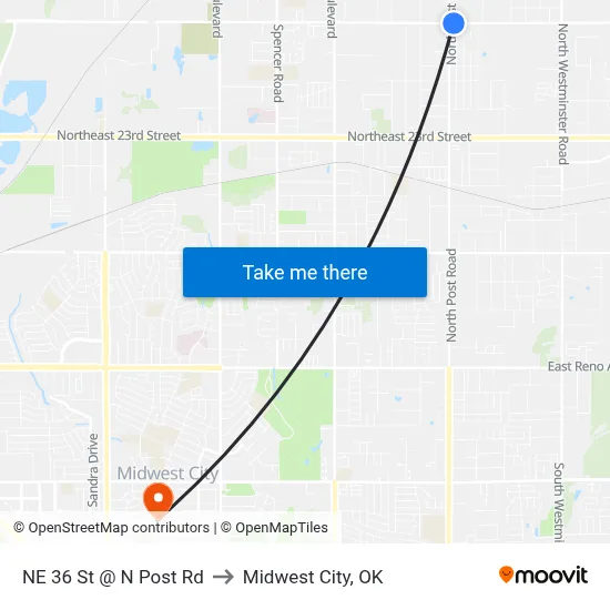 NE 36 St @ N Post Rd to Midwest City, OK map