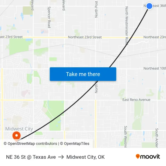 NE 36 St @ Texas Ave to Midwest City, OK map