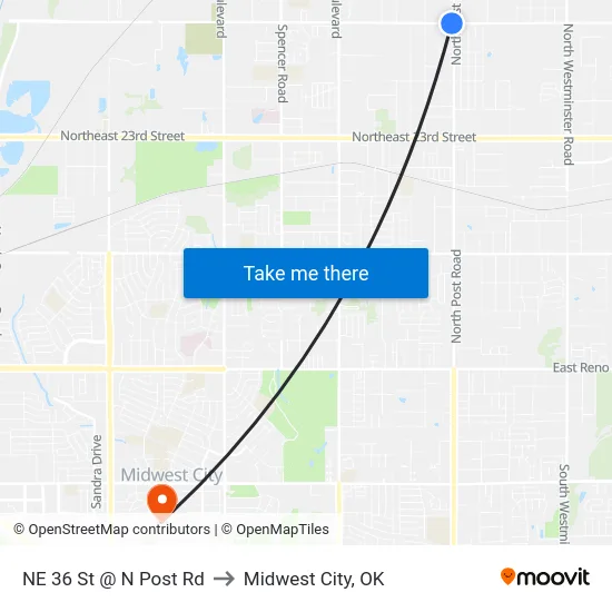 NE 36 St @ N Post Rd to Midwest City, OK map