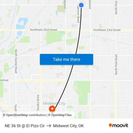 NE 36 St @ El Pizo Cir to Midwest City, OK map