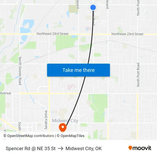 Spencer Rd @ NE 35 St to Midwest City, OK map