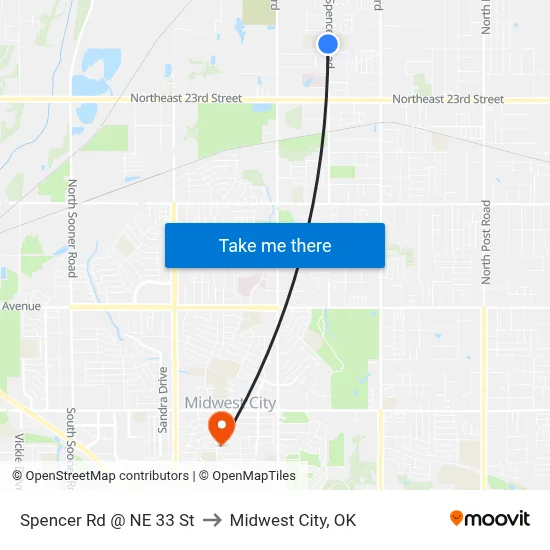 Spencer Rd @ NE 33 St to Midwest City, OK map