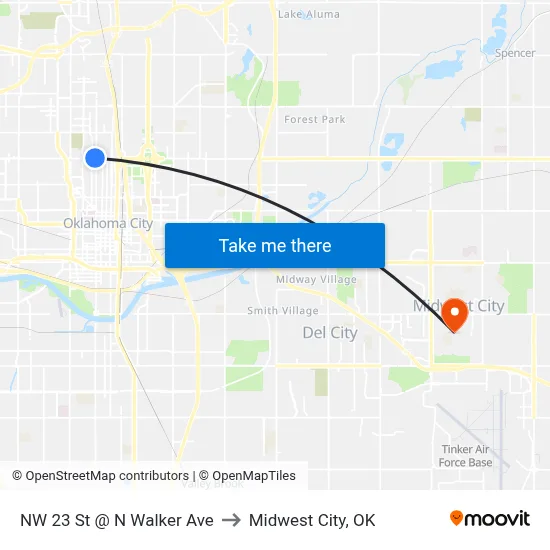 NW 23 St @ N Walker Ave to Midwest City, OK map