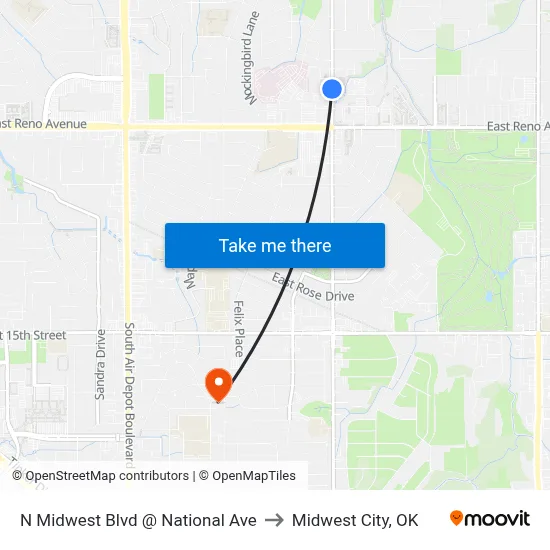 N Midwest Blvd @ National Ave to Midwest City, OK map