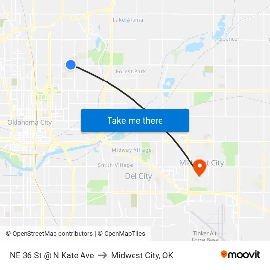 NE 36 St @ N Kate Ave to Midwest City, OK map