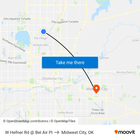 W Hefner Rd @ Bel Air Pl to Midwest City, OK map