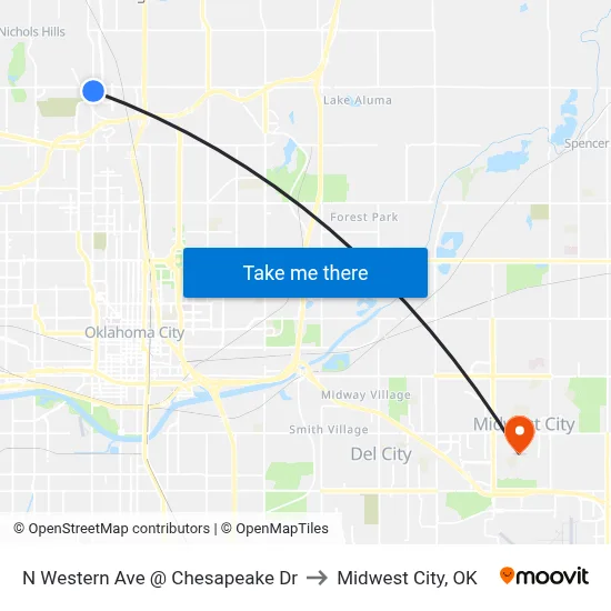 N Western Ave @ Chesapeake Dr to Midwest City, OK map