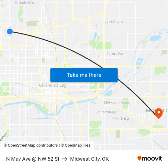 N May Ave @ NW 52 St to Midwest City, OK map