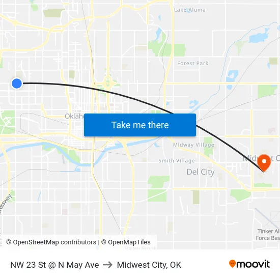 NW 23 St @ N May Ave to Midwest City, OK map