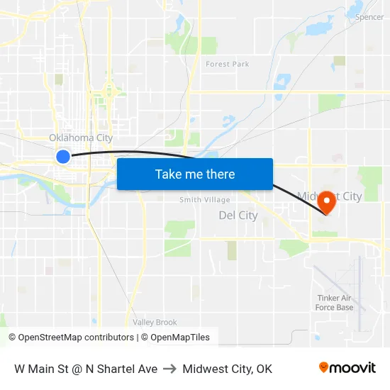 W Main St @ N Shartel Ave to Midwest City, OK map