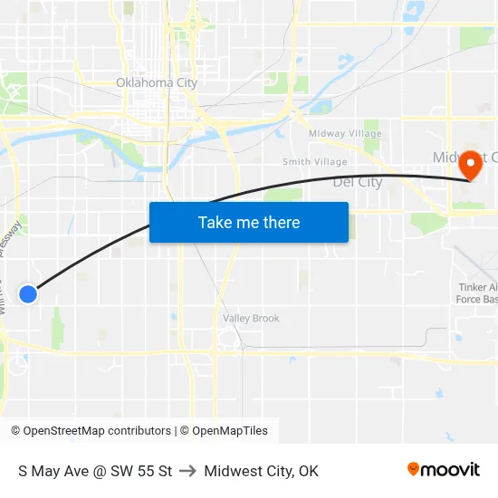 S May Ave @ SW 55 St to Midwest City, OK map