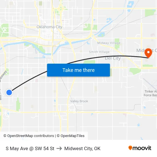 S May Ave @ SW 54 St to Midwest City, OK map