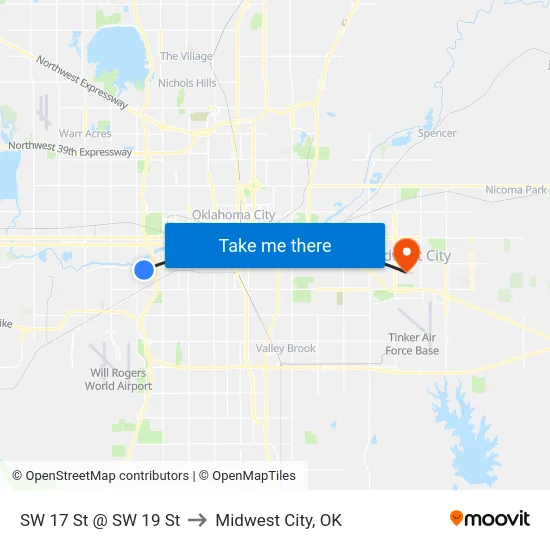 SW 17 St @ SW 19 St to Midwest City, OK map