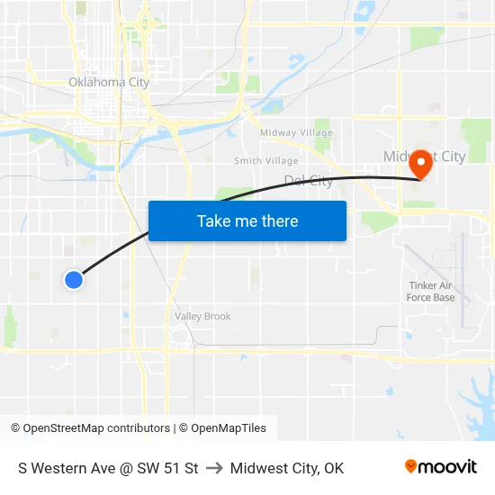 S Western Ave @ SW 51 St to Midwest City, OK map