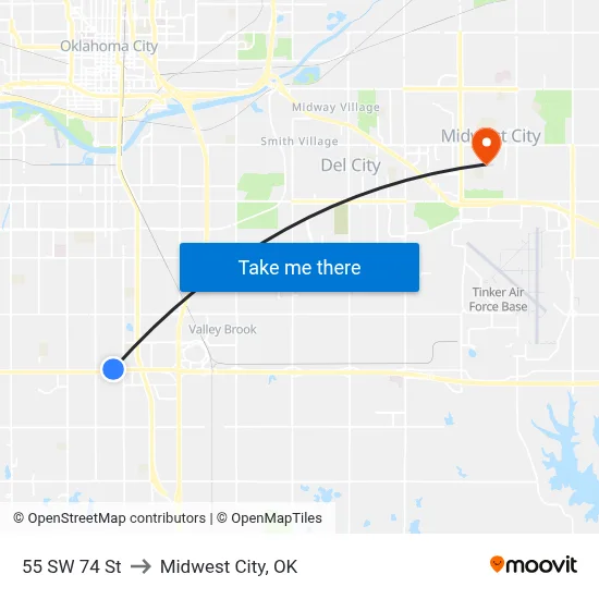 55 SW 74 St to Midwest City, OK map