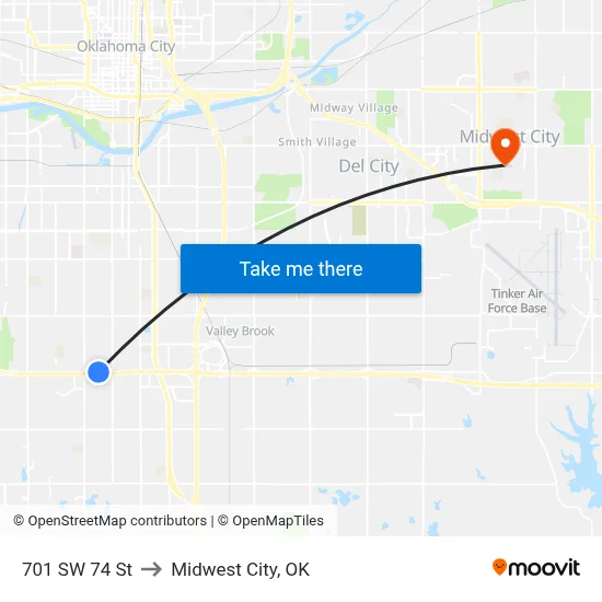 701 SW 74 St to Midwest City, OK map