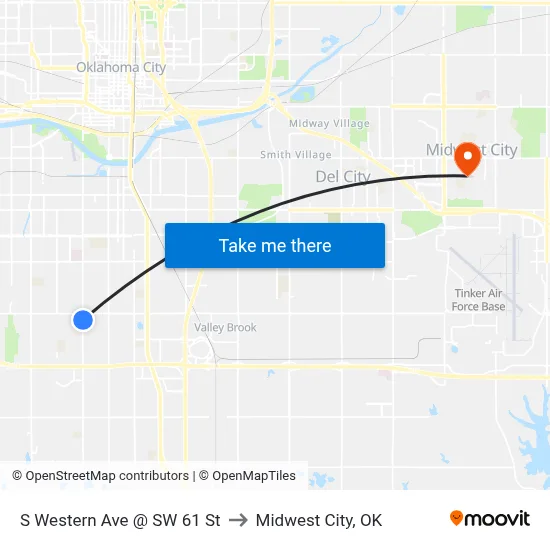 S Western Ave @ SW 61 St to Midwest City, OK map